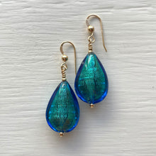 Earrings with sea green (jade, teal) Murano glass medium pear drops on silver or gold