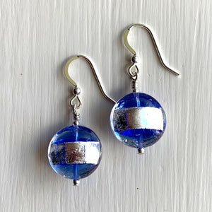 Earrings with blue translucent, silver Murano glass medium lentil drops on silver or gold