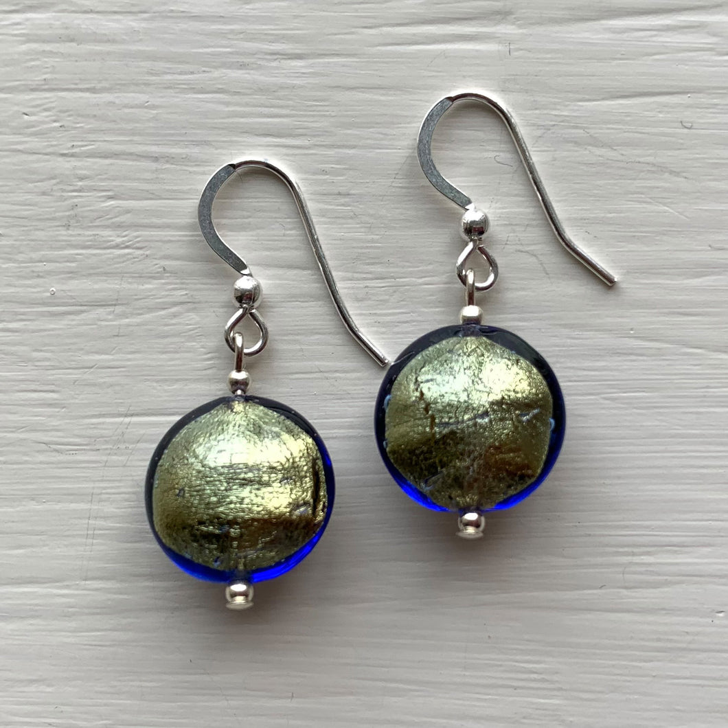 Earrings with blue and gold Murano glass small lentil drops on silver or gold hooks