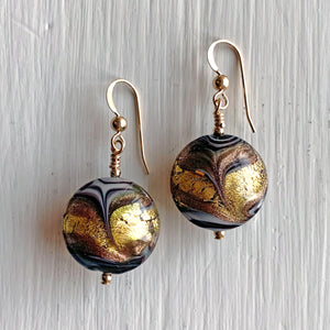 Earrings with byzantine grey and gold Murano glass medium lentil drops on silver or gold