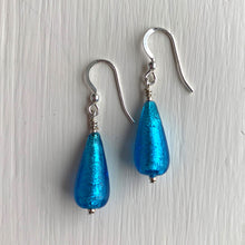 Earrings with turquoise (blue) Murano glass short pear drops on silver or gold hooks