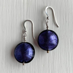 Earrings with purple velvet Murano glass medium lentil drops on silver or gold hooks