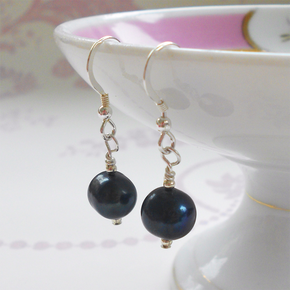 Pearl earrings with small freshwater natural black round pearl drops on silver or gold hooks