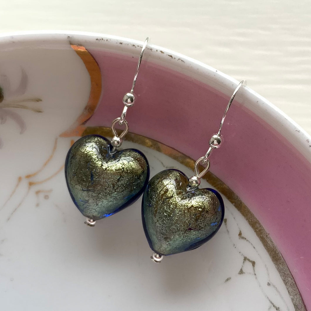 Earrings with blue and gold Murano glass small heart drops on silver or gold hooks
