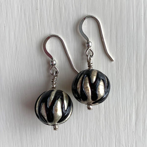 Earrings with black appliqué over white gold Murano glass small sphere drops on silver or gold