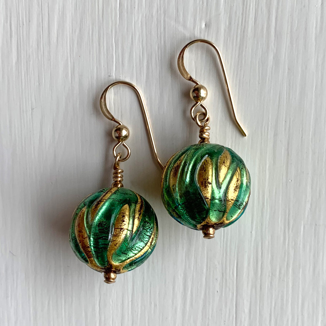 Earrings with teal (green, jade) over gold Murano glass small sphere drops