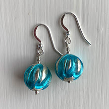 Earrings with turquoise (blue) appliqué over white gold Murano glass small sphere drops