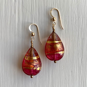 Earrings with shades of rose pink and gold Murano glass medium pear drops on silver or gold