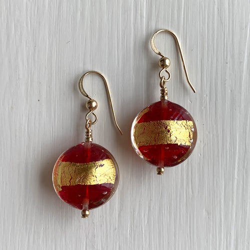Earrings with red translucent and gold Murano glass medium lentil drops on silver or gold