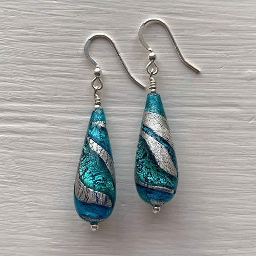 Earrings with turquoise (blue) and teal swirl over white gold Murano glass long pear drops