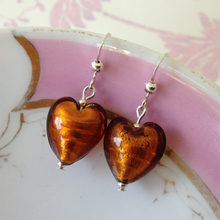 Earrings with brown topaz (amber) Murano glass small heart drops on silver or gold hooks