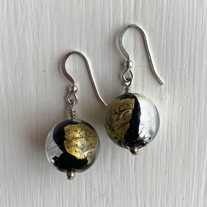 Earrings with black, silver and gold Murano glass small sphere drops on silver or gold