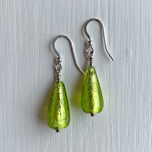 Earrings with light green (lime, peridot) Murano glass short pear drops on silver or gold