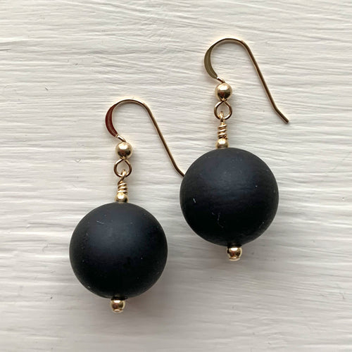 Earrings with matt black Murano glass medium sphere drops on silver or gold