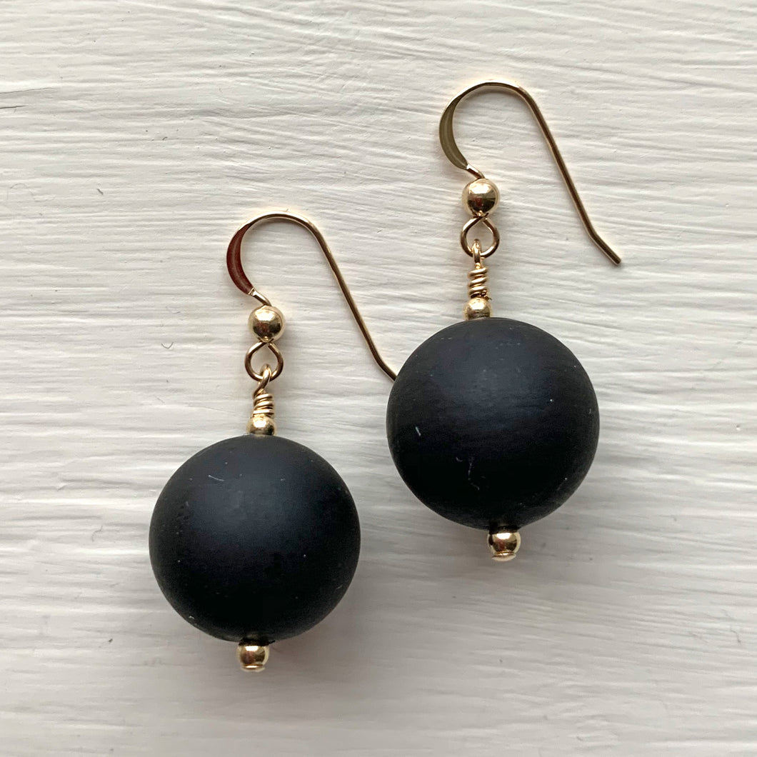 Earrings with matt black Murano glass small sphere drops on silver or gold