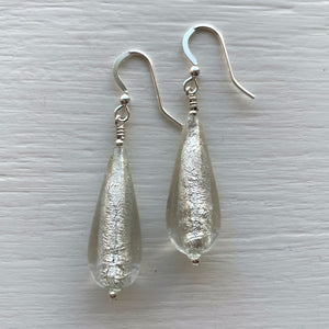 Earrings with clear crystal and white gold Murano glass long pear drops on silver or gold
