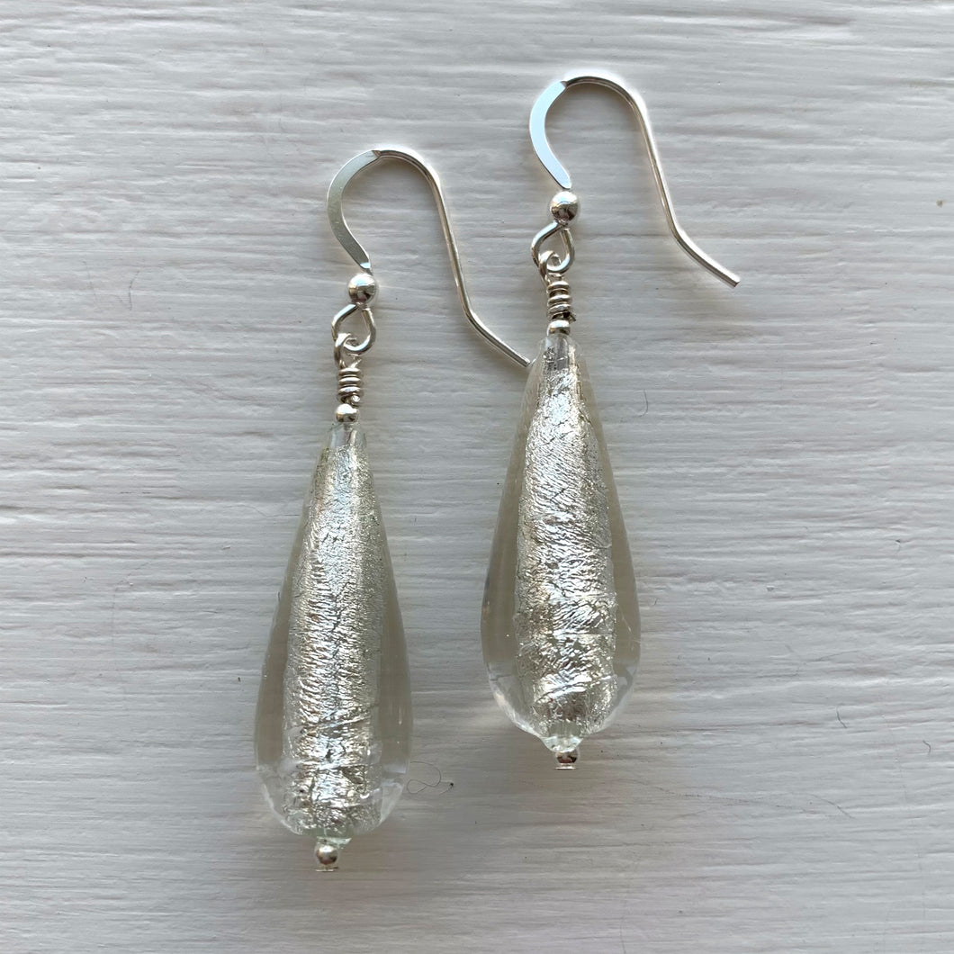 Earrings with clear crystal and white gold Murano glass long pear drops on silver or gold