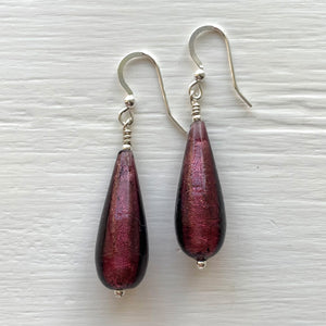 Earrings with dark amethyst (purple) Murano glass long pear drops on silver or gold hooks
