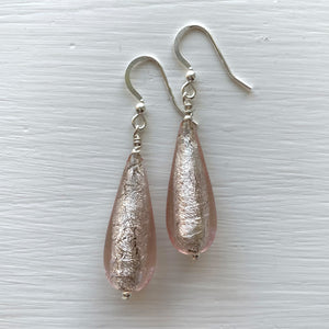 Earrings with champagne (peach, pink) Murano glass long pear drops on silver or gold hooks