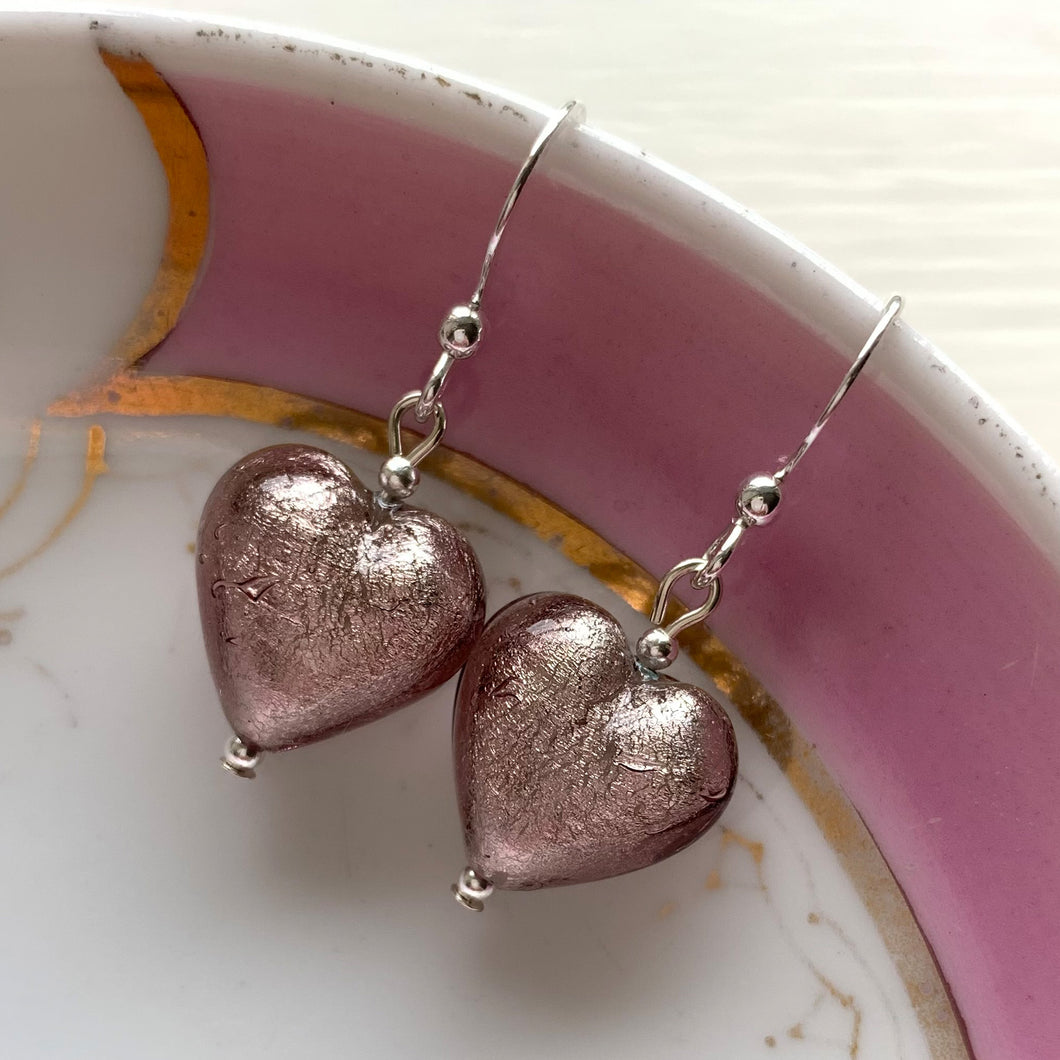 Earrings with light amethyst (purple) Murano glass small heart drops on silver or gold hooks