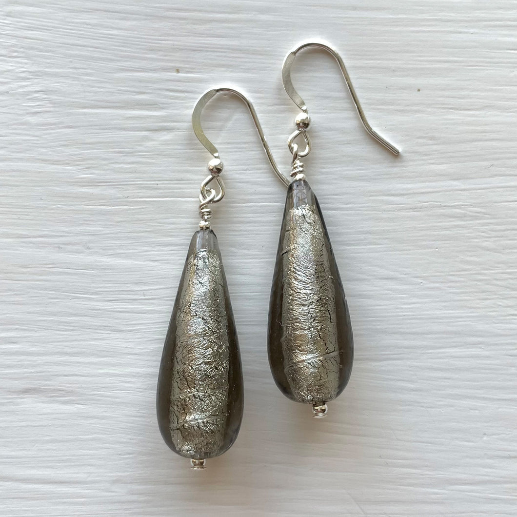 Earrings with grey Murano glass long pear drops on silver or gold hooks