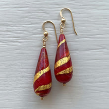 Earrings with red and red pastel swirl over gold Murano glass long pear drops