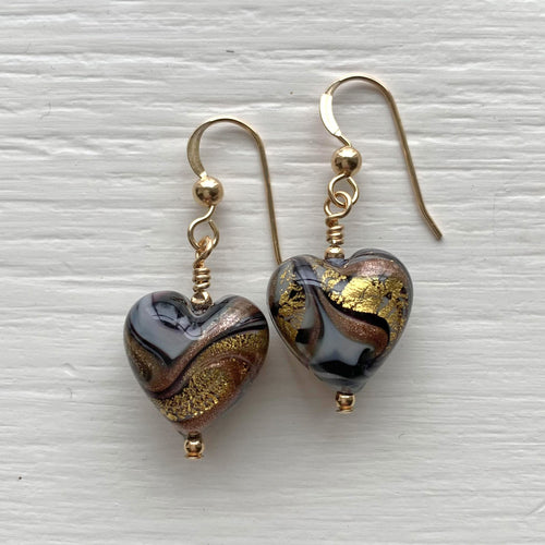 Earrings with byzantine grey and gold Murano glass small heart drops on silver or gold