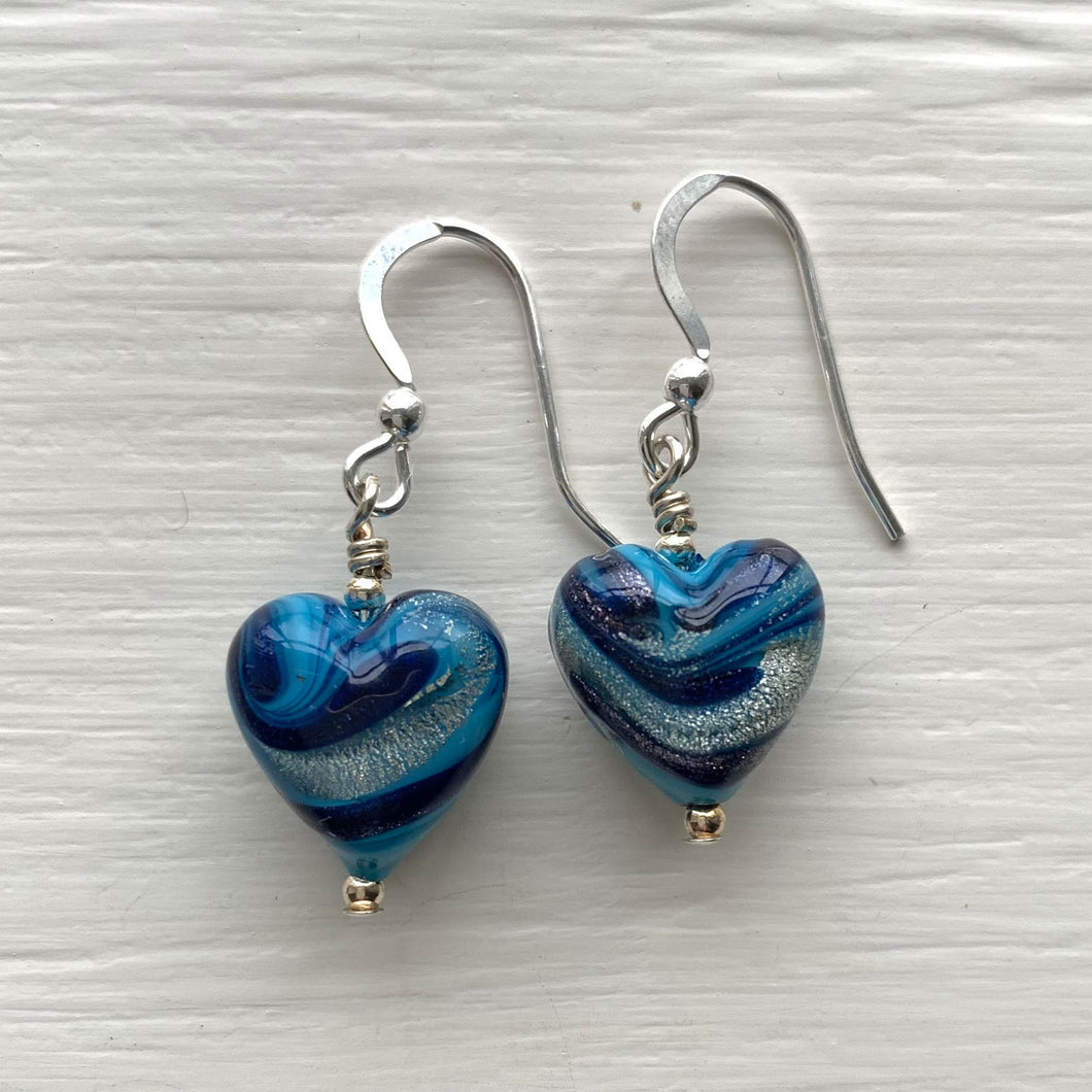Earrings with byzantine blue and white gold Murano glass small heart drops