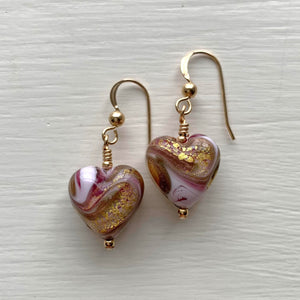Earrings with byzantine pink and gold Murano glass small heart drops on silver or gold