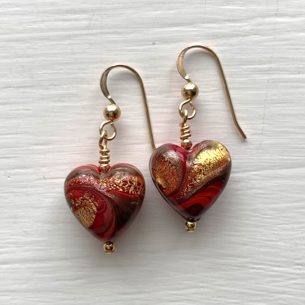 Earrings with byzantine red and gold Murano glass small heart drops on silver or gold