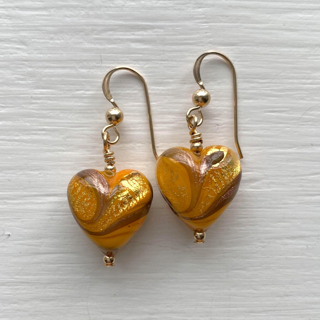 Earrings with byzantine dark yellow, gold Murano glass small heart drops on silver or gold