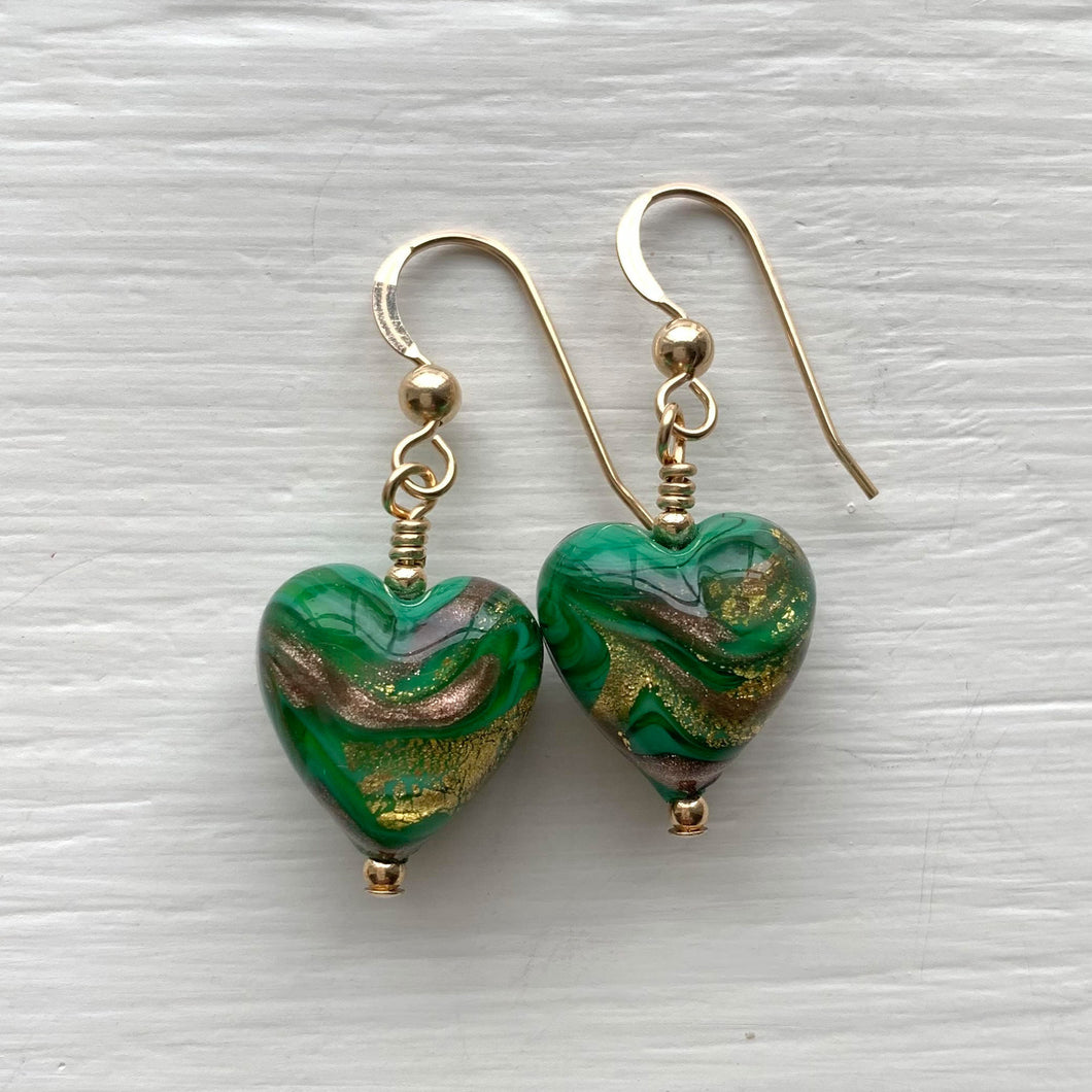 Earrings with byzantine green and gold Murano glass heart small drops on silver or gold
