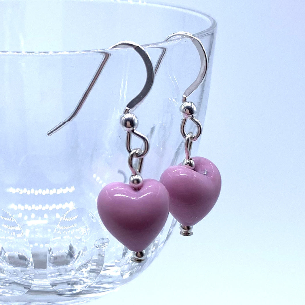 Earrings with pink pastel Murano glass mini heart drops on silver or gold hooks