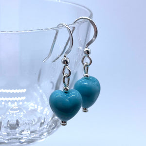 Earrings with turquoise (blue) pastel Murano glass mini heart drops on silver or gold hooks