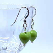 Earrings with green pastel Murano glass mini heart drops on silver or gold hooks