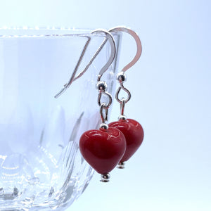 Earrings with red pastel Murano glass mini heart drops on silver or gold hooks