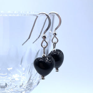 Earrings with black pastel Murano glass mini heart drops on silver or gold hooks