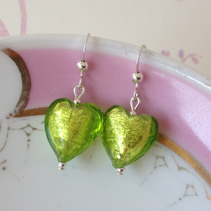 Earrings with light green (lime, peridot) Murano glass heart drops on silver or gold