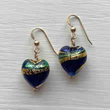 Earrings with dark blue (cobalt), teal, gold Murano glass small heart drops on silver or gold