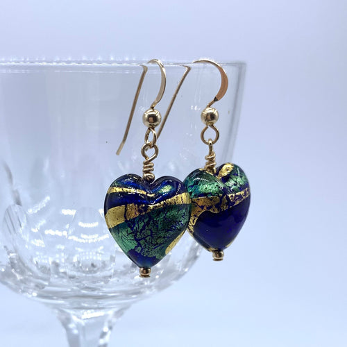 Earrings with dark blue (cobalt), teal, gold Murano glass small heart drops on silver or gold