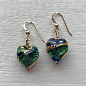 Earrings with dark blue (cobalt), teal, gold Murano glass small heart drops on silver or gold
