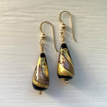 Earrings with black and aventurine over gold Murano glass short pear drops on silver or gold
