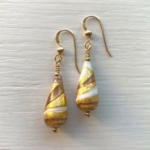 Earrings with ivory (white) gold aventurine Murano glass short pear drops on silver or gold