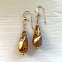 Earrings with brown topaz and aventurine over gold Murano glass short pear drops on silver or gold