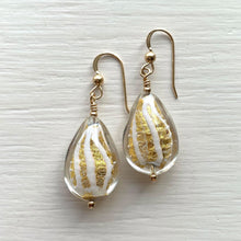 Earrings with white pastel drizzle and gold Murano glass medium pear drops on silver or gold