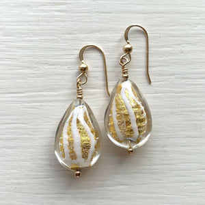Earrings with white pastel drizzle and gold Murano glass medium pear drops on silver or gold