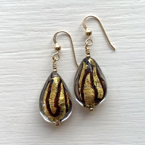 Earrings with black pastel drizzle and gold Murano glass medium pear drops on silver or gold