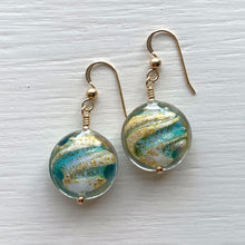 Earrings with turquoise (blue), white and gold Murano glass medium lentil drops