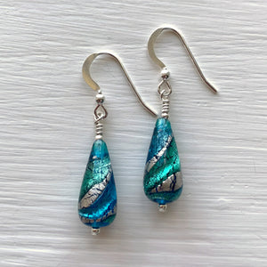 Earrings with turquoise (blue) and teal swirl over white gold Murano glass short pear drops