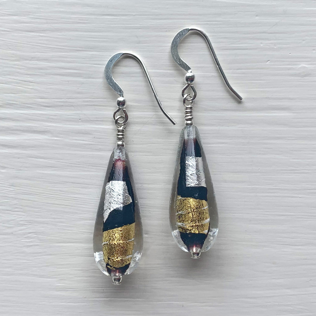 Earrings with black, silver and gold Murano glass long pear drops on silver or gold hooks